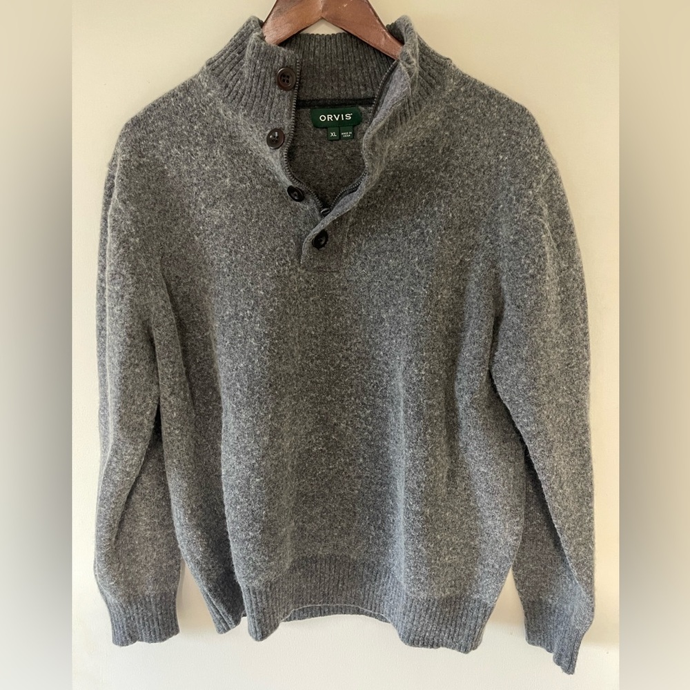 XL Gray Merino Button Mockneck Orvis Pullover